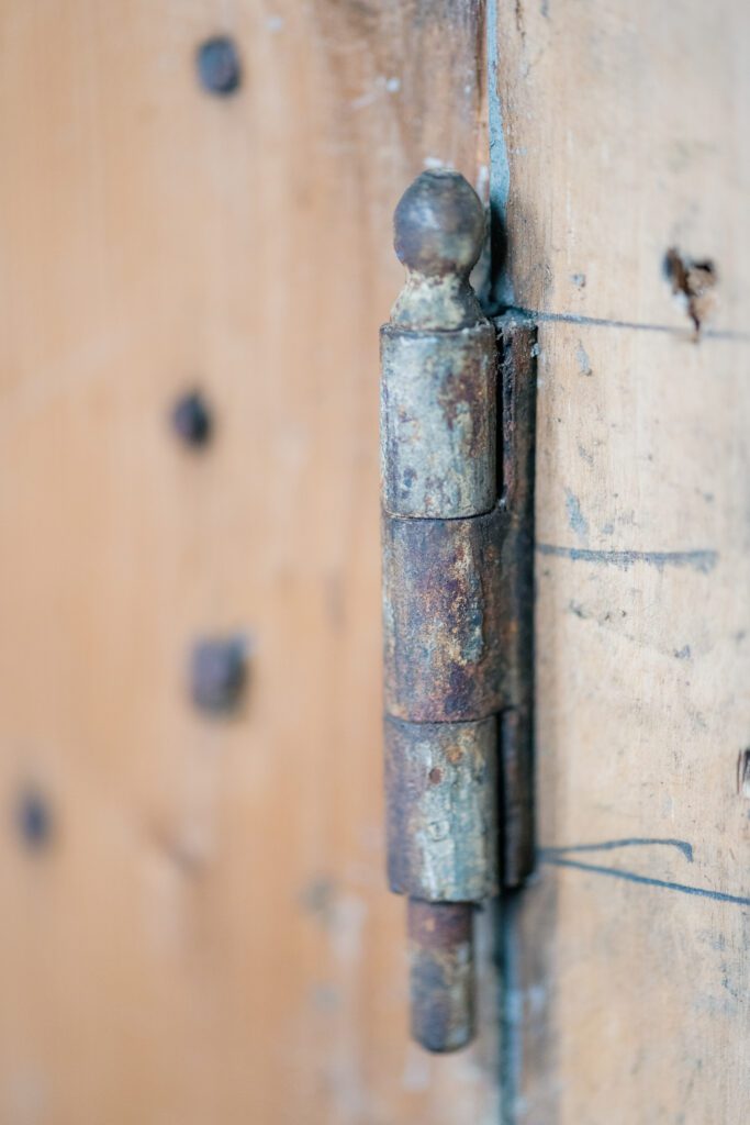 Detail of antique door hinge for bedstee door found in municipal monument in Nuenen