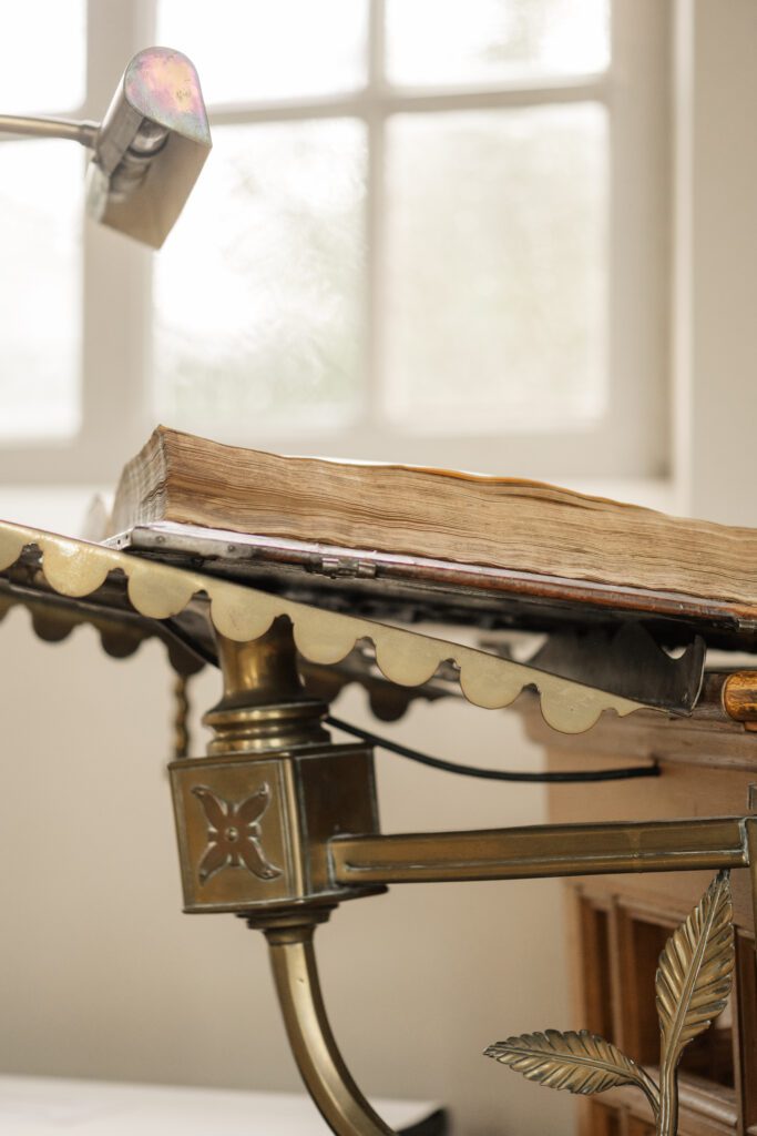 An antique bible sits on a custom made lectern inside the Van Goghkerkje in Nuenen